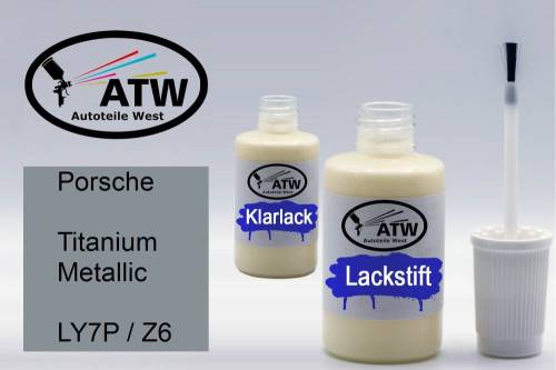 Porsche, Titanium Metallic, LY7P / Z6: 20ml Lackstift + 20ml Klarlack - Set, von ATW Autoteile West.